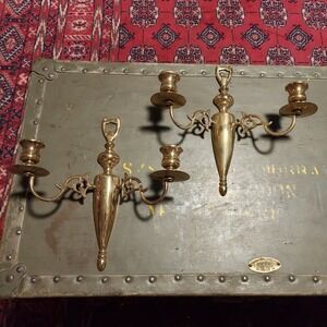 Vintage Solid Brass Double Arm Wall Sconce Candelabra Pair Ornate Scroll 10.5in
